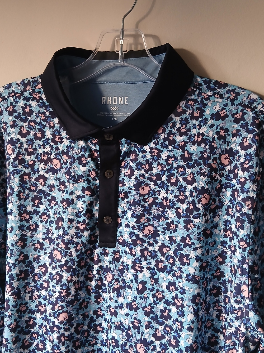 RHONE Navy-Trim Light Blue and Pink Floral Polo